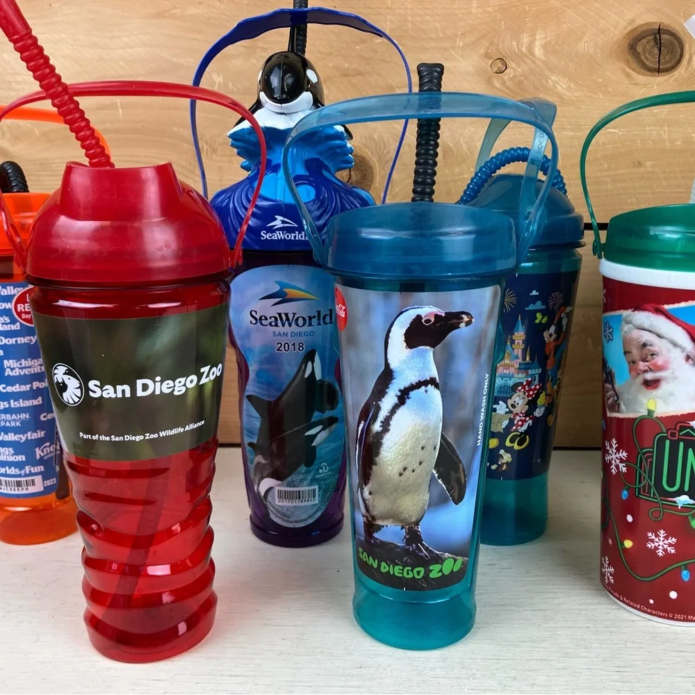 Assorted Lot of 9 Theme Park & Zoo Kids Sipper Cups - Multi-Color Collectable